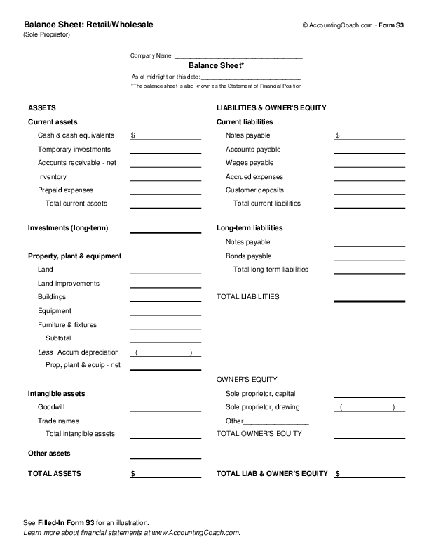 Balance Sheet Retail Wholesale Sole Proprietor Business Forms 