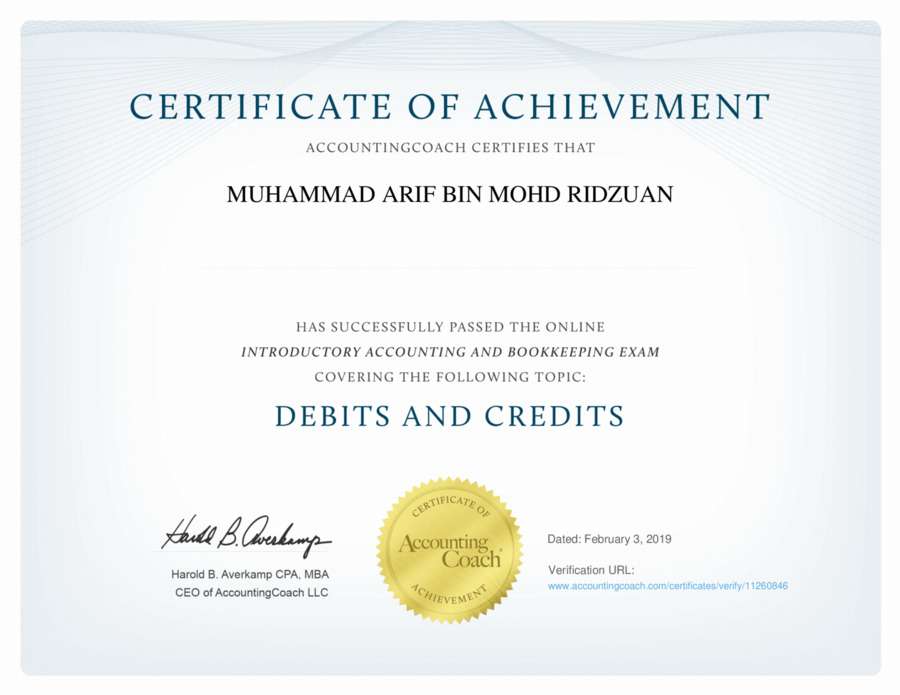 Certificate of Achievement | Debits and Credits | AccountingCoach