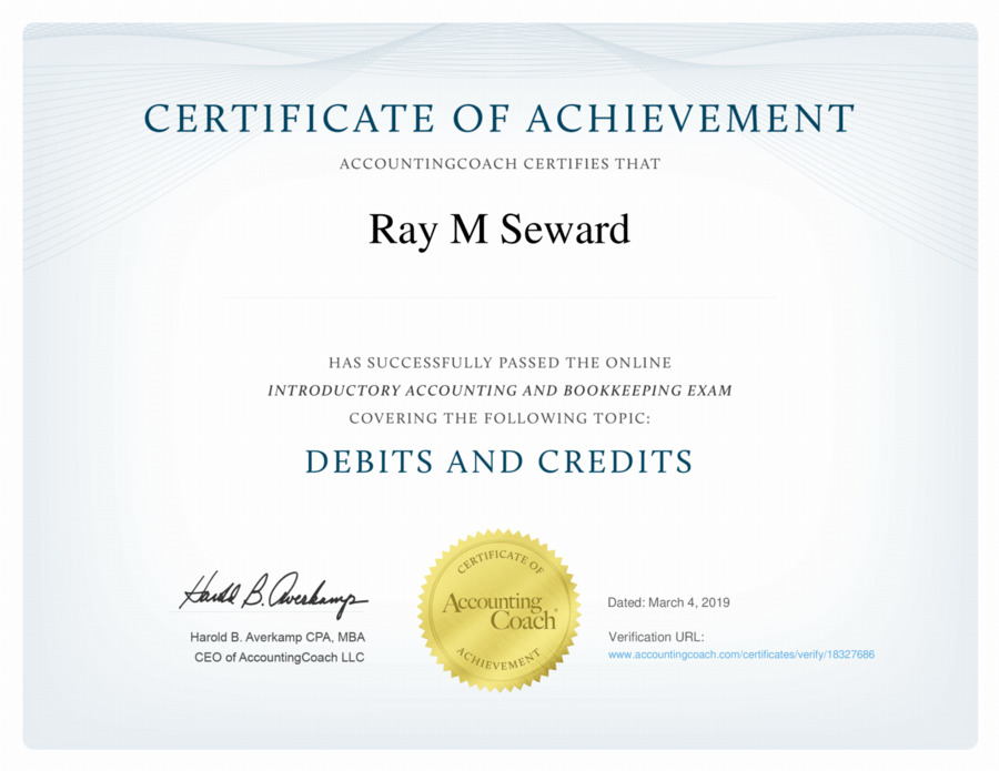 Certificate of Achievement | Debits and Credits | AccountingCoach