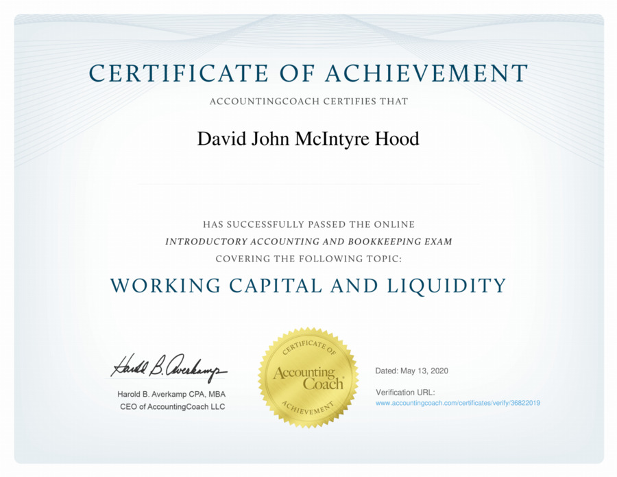 Working Capital and Liquidity Certificate of Achievement | AccountingCoach