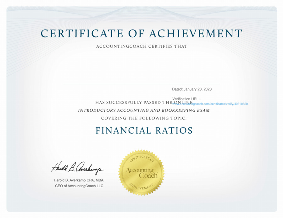 Financial Ratios Certificate of Achievement AccountingCoach