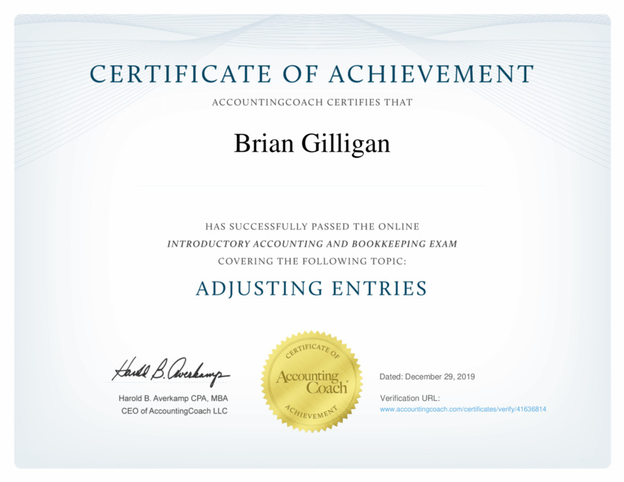 Certificate of Achievement | Adjusting Entries | AccountingCoach