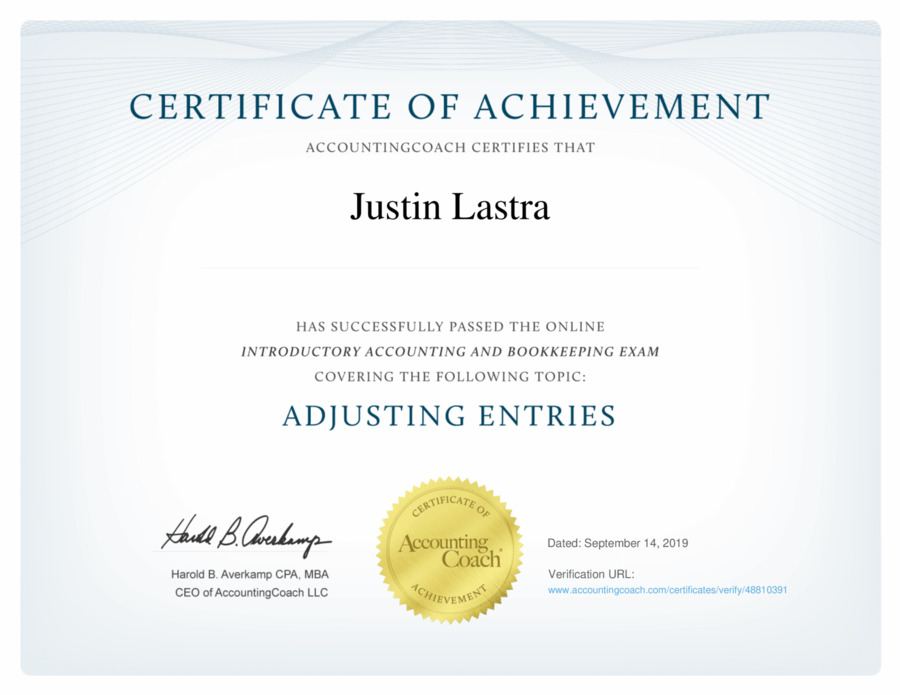 Certificate of Achievement | Adjusting Entries | AccountingCoach