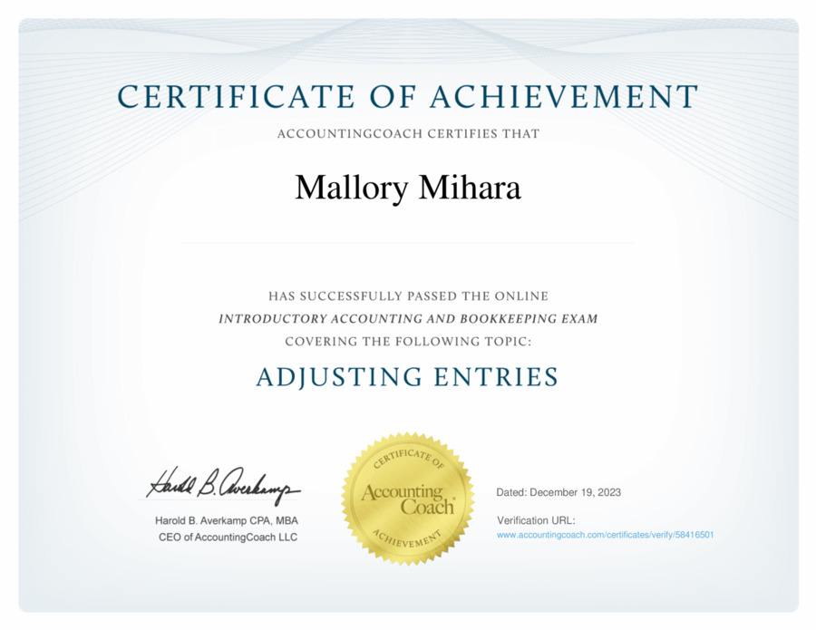 Adjusting Entries Certificate of Achievement | AccountingCoach