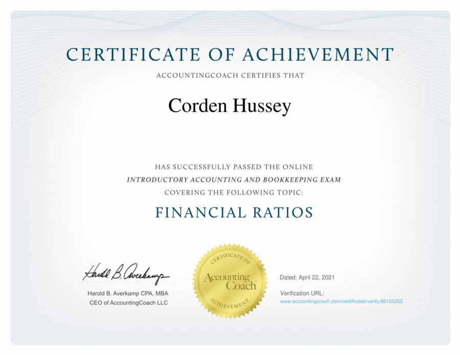 Certificate of Achievement | Financial Ratios | AccountingCoach