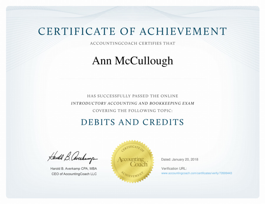 Debits and Credits Certificate of Achievement | AccountingCoach