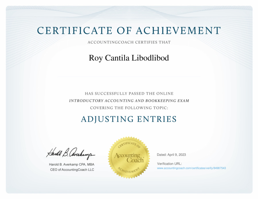 Adjusting Entries Certificate of Achievement | AccountingCoach