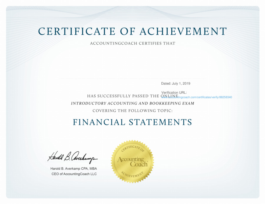 Certificate of Achievement | Financial Statements | AccountingCoach